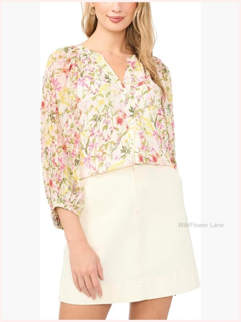 Feminine Floral Button Up Pleated 3/4 Sleeve Blouse Top